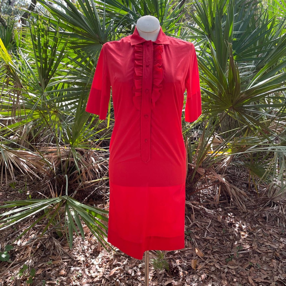 Vintage 60s Mod Tuxedo Shirt Dress Red Short Sleeve Lillian Russell Size S M